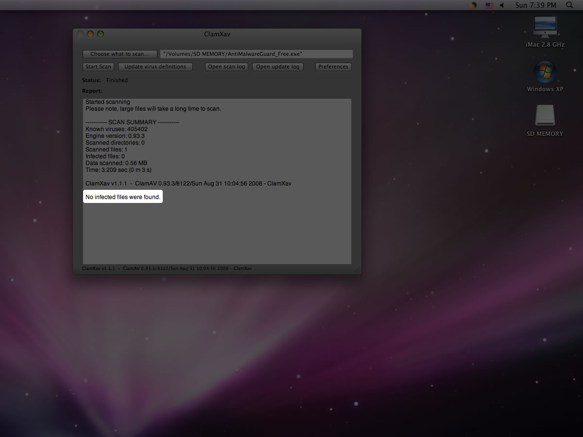 ClamXav free virus checker for Mac OS X