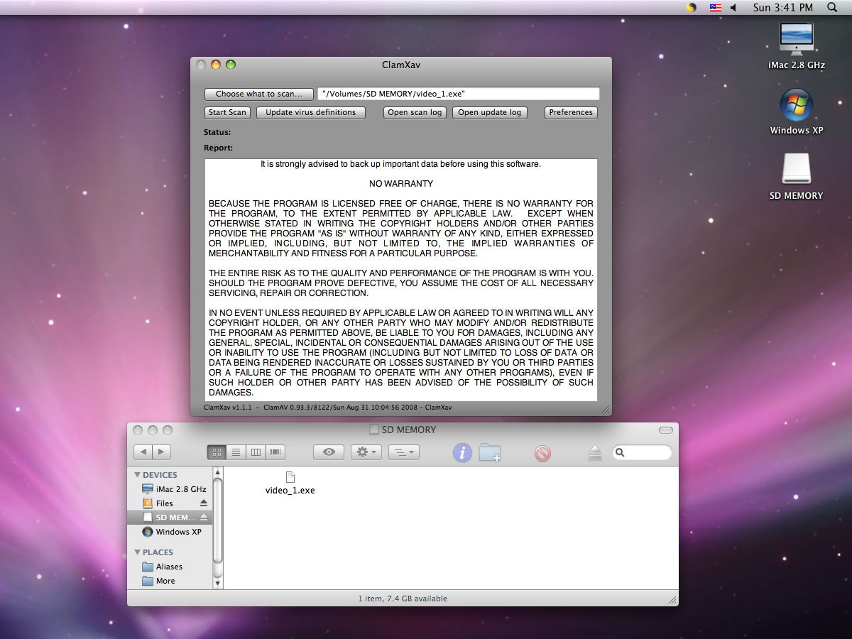 ClamXav free virus checker for Mac OS X